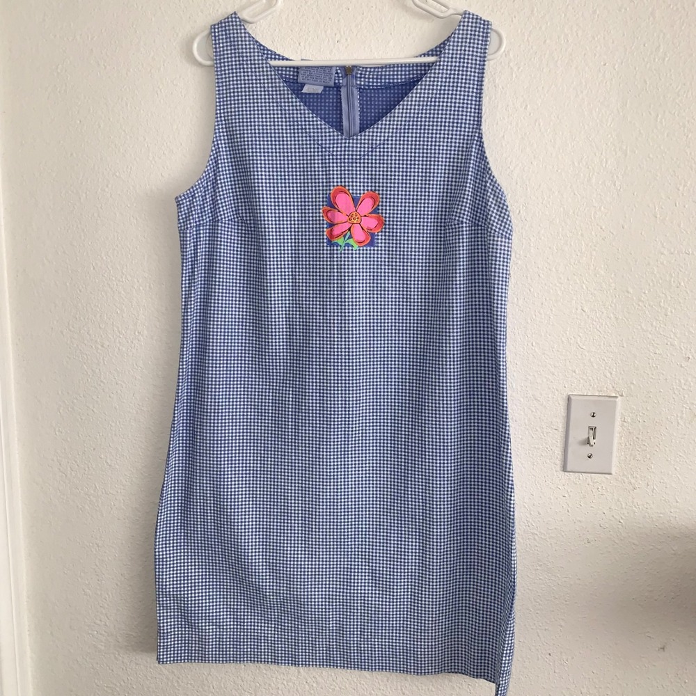Vintage Fresh Produce Womens Blue Gingham Flower Applique Shift Dress XL 5037